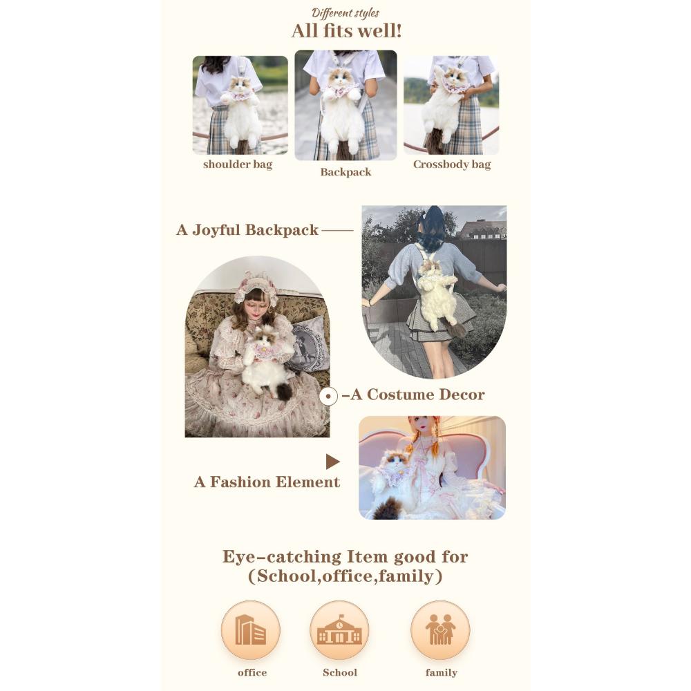 Handmade Unique Ragdoll Cat Shape Backpack Plush Animal Cat Realistic Fashion Gifts for Girls and Cat Lovers Christmas Gifts Valentine's Day Gifts