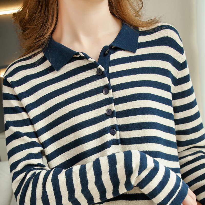 IHUASU Striped Cotton Knit Sweater Women Spring and Autumn Set Head Versatile Thin Bottoming Shirt Inside The Long-sleeved Jumper