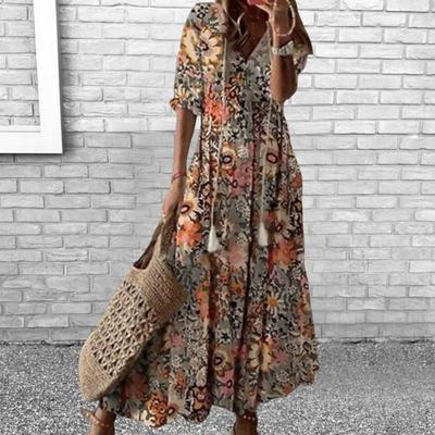 V-neck Half Sleeve Lace-up Tassel Large Hem Female Dress Summer Floral Print Beach Chiffon Dress Streetwear