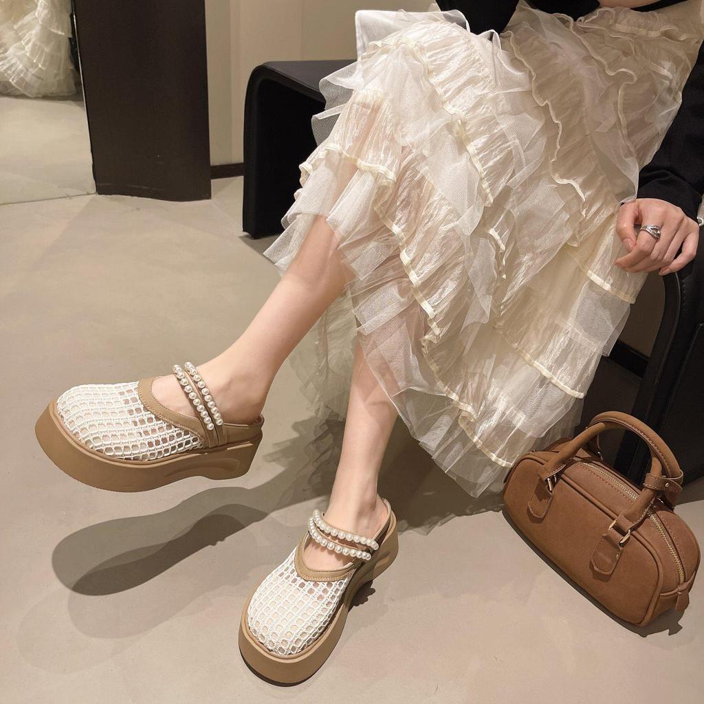 Half Tray Casual Sandals Wear Pearl Fashion Mesh Breathable Summer Bag Head Half Slippers Women'S Thick Bottom