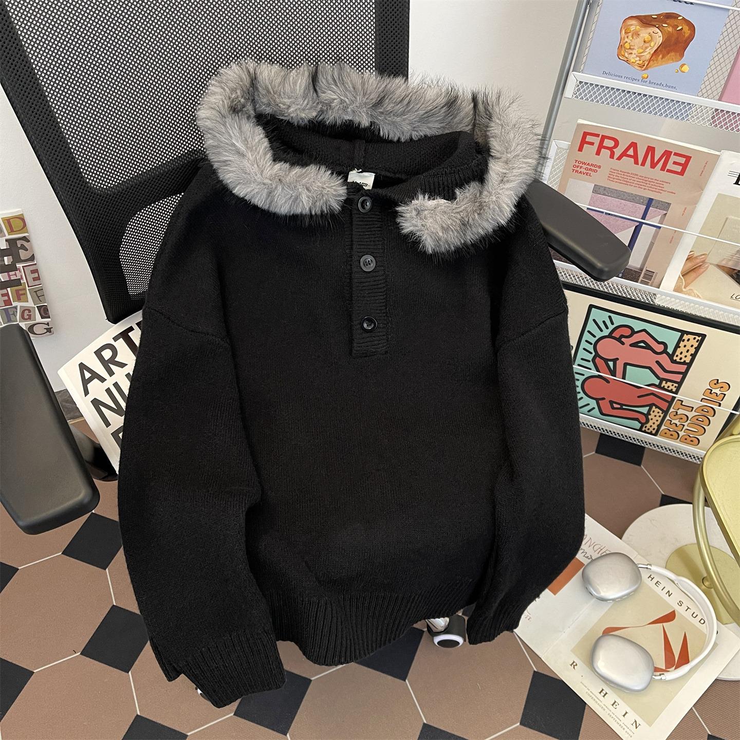 Unisex Retro Winter Fur Collar Hoodie Cardigan - Cozy Old Money Style Sweater XL