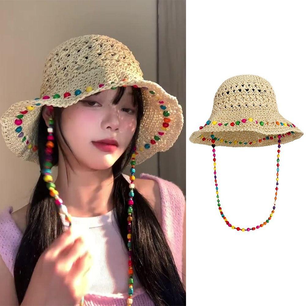 Foldable Straw Hat Color Wood Beads Sunshade Hat New Sun Cap