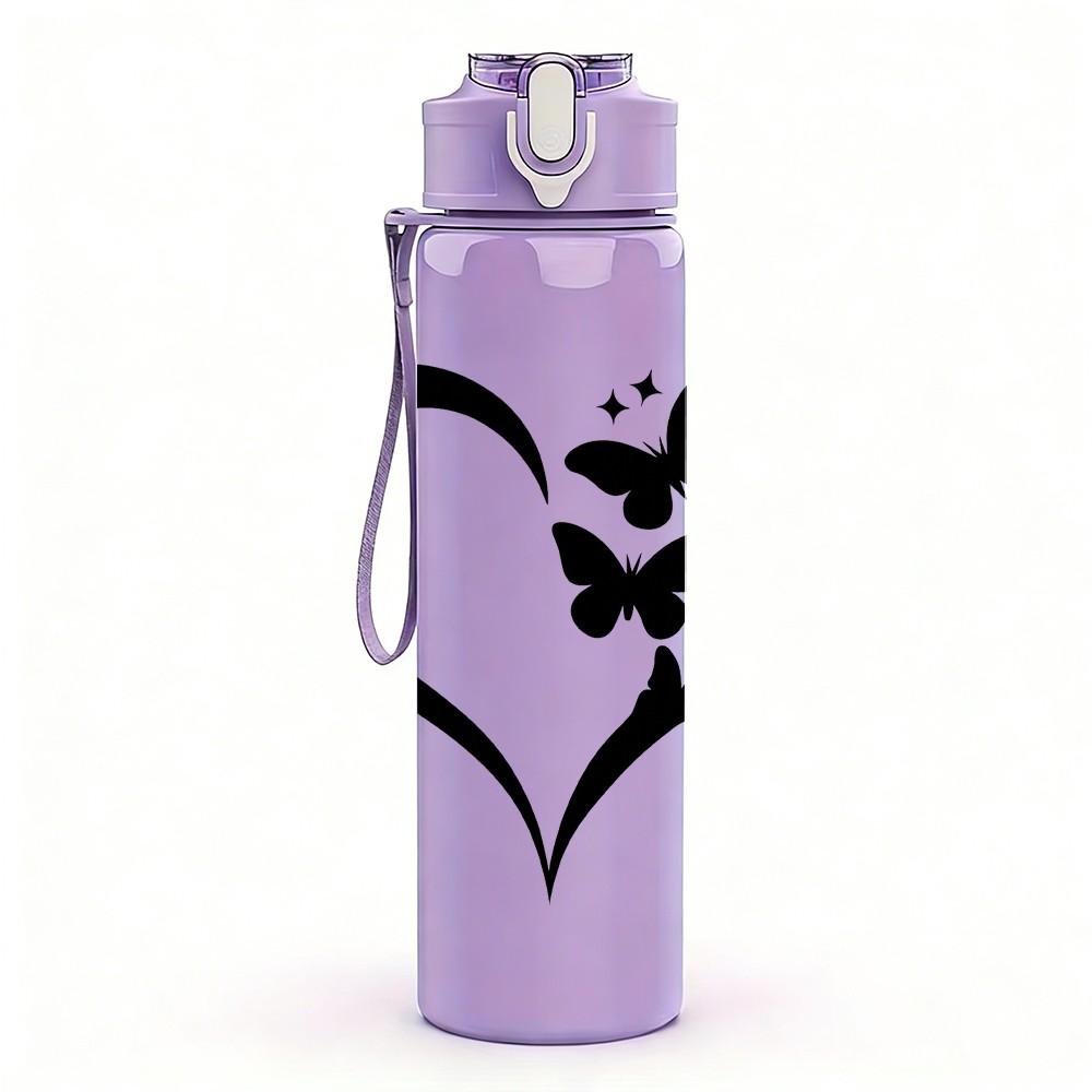 1PC Heart Butterfly Silhouette 750ml Color Plastic Sports Water Bottle Leakproof Flip Straw Lid Suitable for Sports Office Home Use