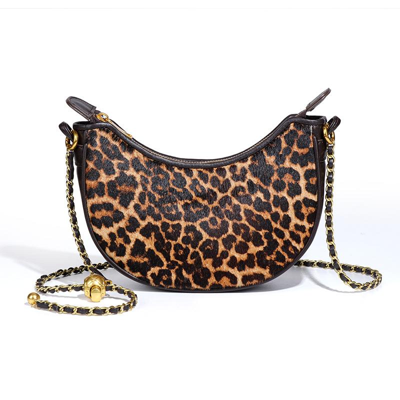 Fashionable Leopard Print Dumpling Wrappers, Horsehair Crescent Bag, Texture, Niche Crossbody Crescent Bag, Retro Single-shoulder Bag