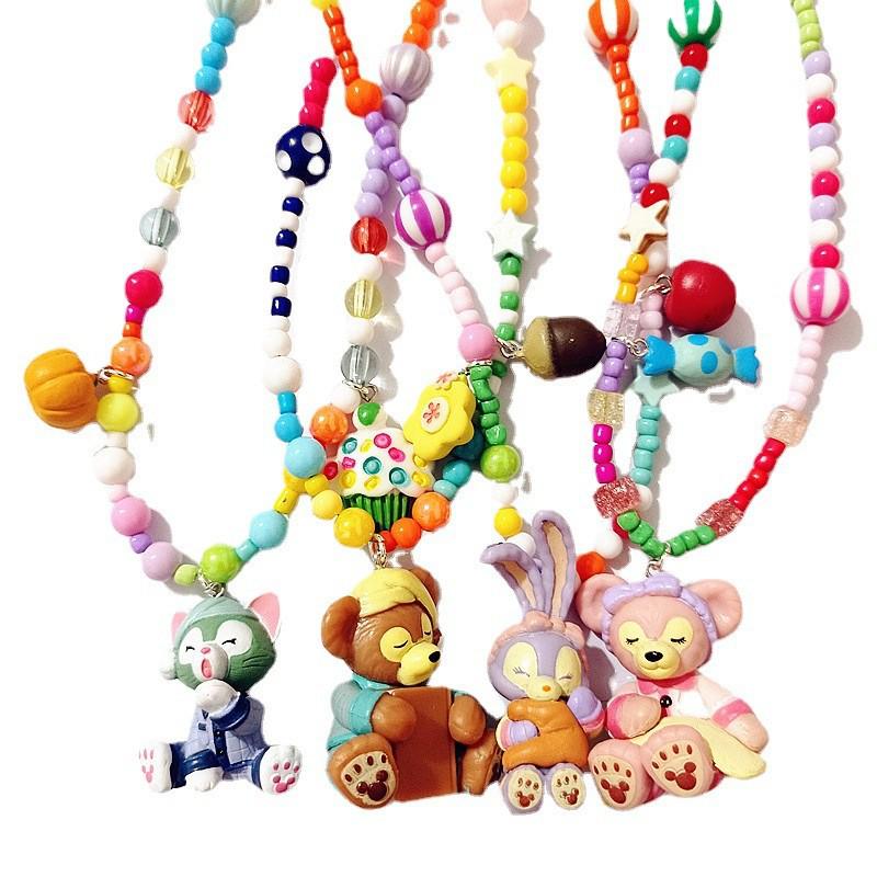 Colorful Cartoon Beaded Choker Necklace for Children Featuring Duffy Bear, ShellieMay, and StellaLou with Painter Hat.