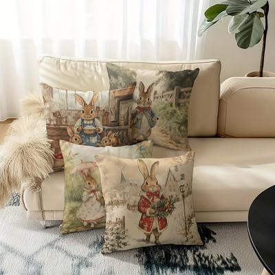 Vintage Hasengeschichte Kissenbezug: Verspieltes Kaninchen-Szenen-Muster Kissenbezug für ein charmantes gemütliches Zuhause Sofa Dekoration