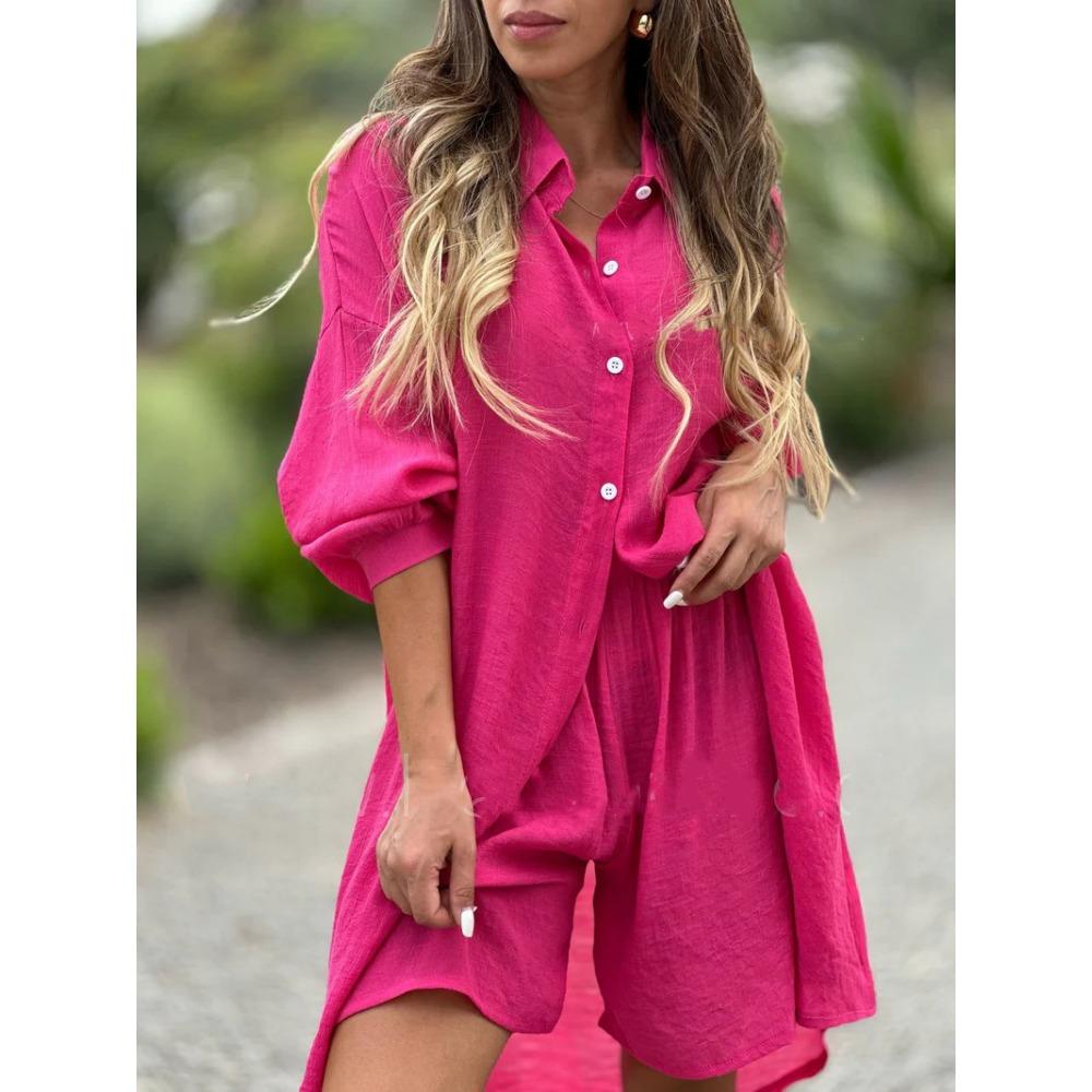 Spring New Women's Two-piece Shirt Set Plus-size Shirt Set High-waisted Loose Shorts