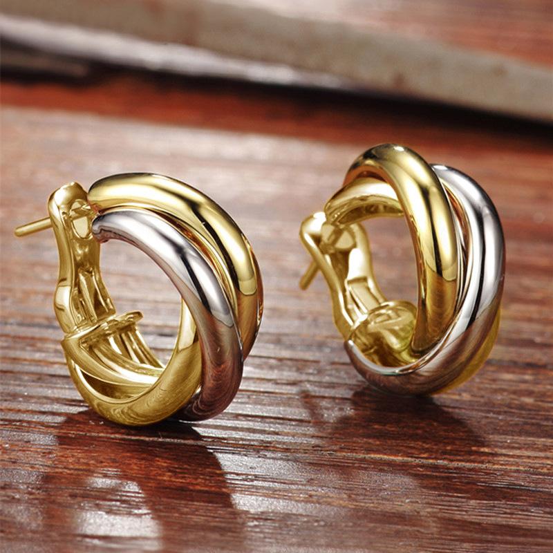 Mosquito Coil Disc Ring Earrings Female, Retro Hong Kong Style Two-Color Ear Buckles, Metallic Temperament Earrings