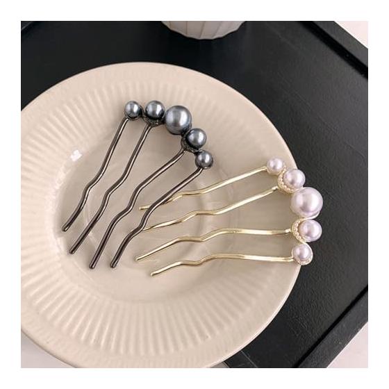 2pcs Hair Pins Set, U-Shaped Hair Accessories for Women, Elegant Pearl Hair Sticks for Updos, Bridal Wedding Party Hair Jewelry, Gold & Black, 9cm x