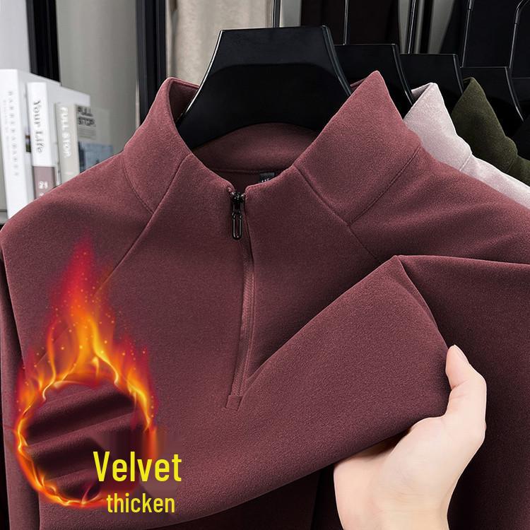 Men's Heavyweight Fleece-Lined Hoodie with Stand Collar, Half-Zip, and Thick Fabric; Solid Color Autumn/Winter Style.