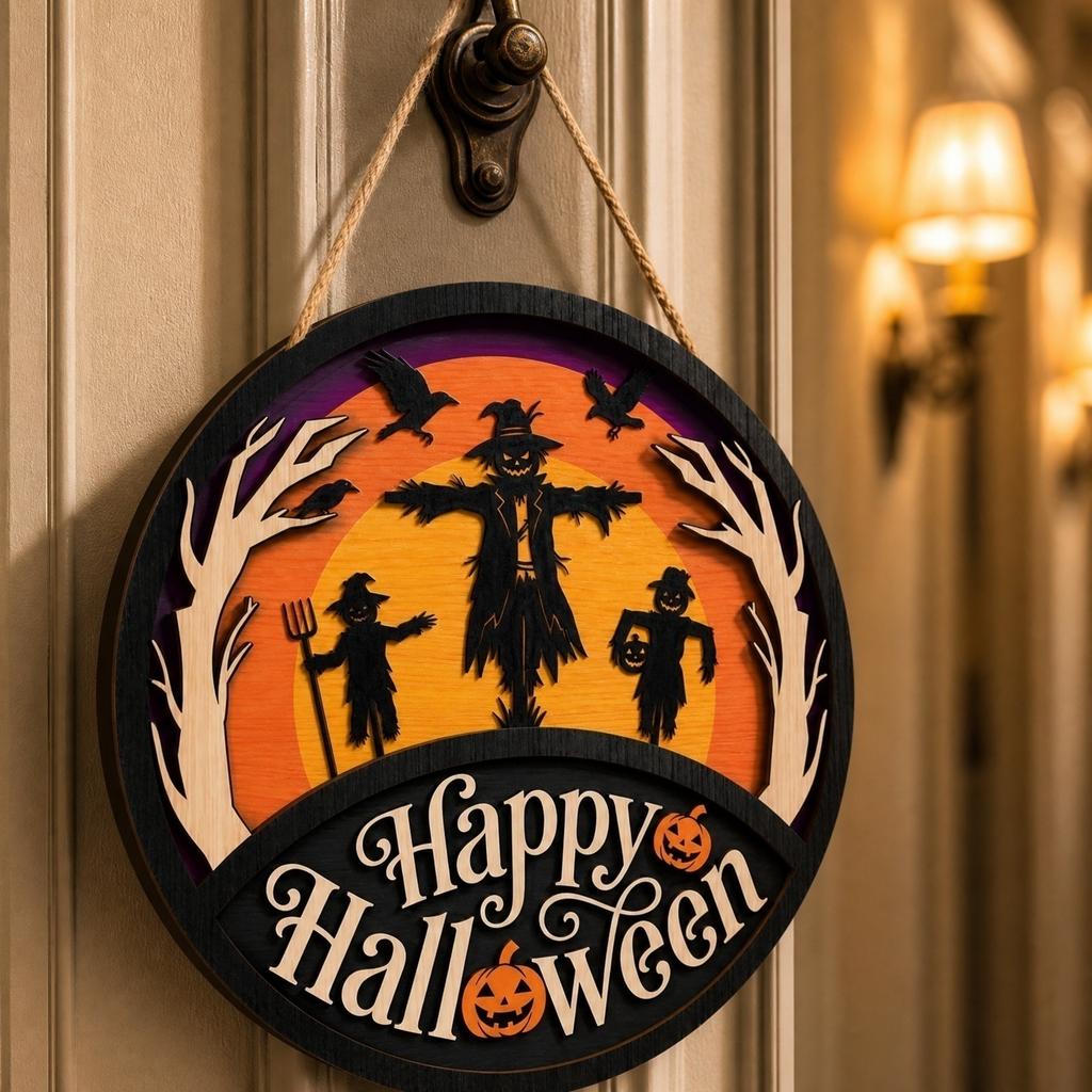 Wooden Halloween Hanging Sign Wall Decoration Scarecrow Pumpkin Design Party Festival Indoor Outdoor Hanging Ornament