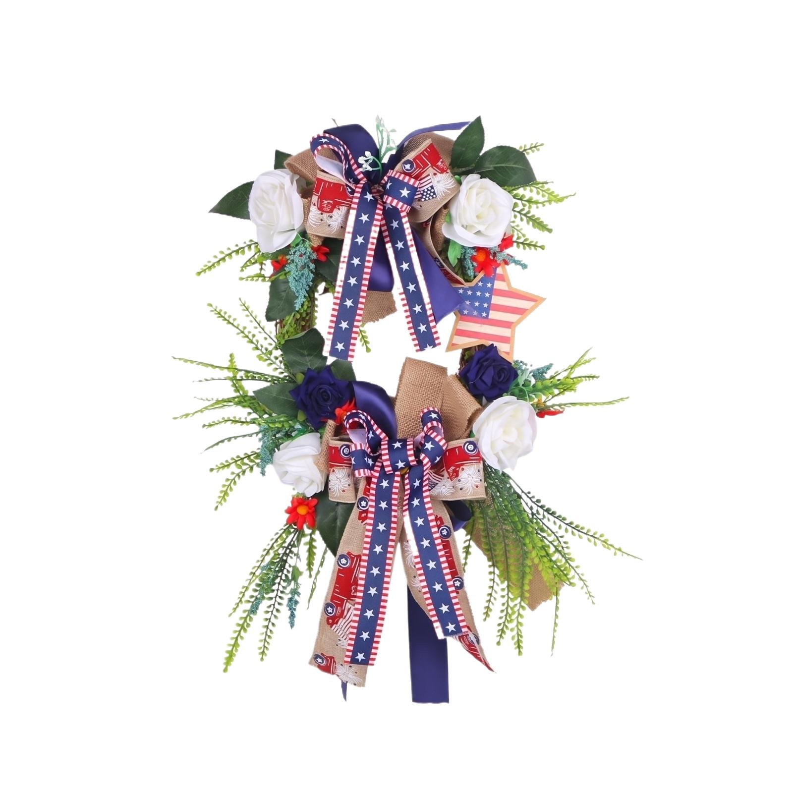 

Decorative Artificial Floral Wreath with Star Print Ribbon and Mixed Greenery for Indoor Outdoor Wall Door Display One Size