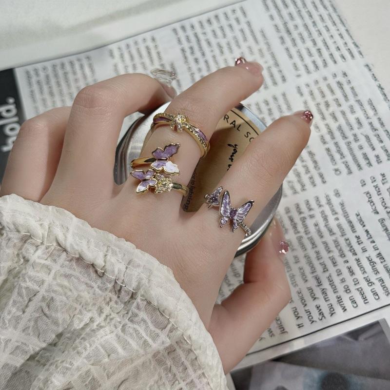 Purple Romantic Enamel Oil Dropping Butterfly Flower Opening Ring Female Niche Sweet Temperament Ring