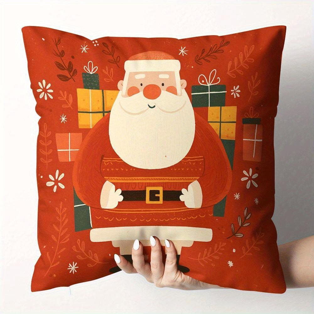 On the Red Pillow, the Nutcracker, Reindeer, Santa Claus and Snowman Bring Gifts for New Year Home Decoration 2d Flat Printing