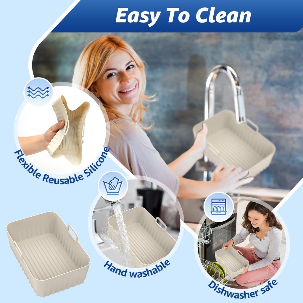 2Pcs Air Fryer Silicone Liner with Handle Reusable Silicone Air Fryer Tray Rectangular Air Fryer Silicone Pot Heat Resistant Air