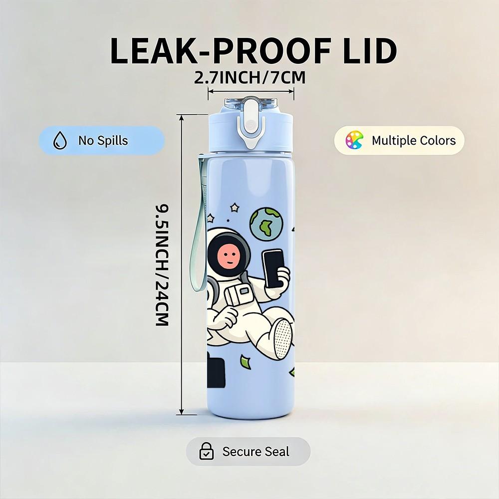 1PC Cartoon Astronaut Floating In Space 750ml Color Plastic Sports Water Bottle Leakproof Flip Straw Lid For Sports Office Home Use
