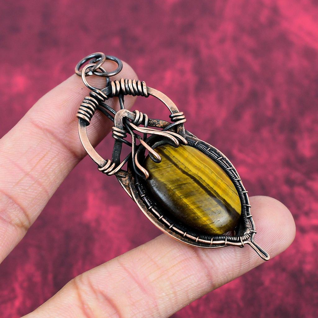 Tiger's Eye Pendant Copper Wire Wrapped Pendant Handmade Pendant Tiger's Eye Jewelry Real Gemstone Pendant Copper Wire Jewelry Gifts For Him