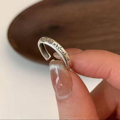 Niche Design Retro Old Square Smiley Face Ring Fashion Personality Ins Letter Plain Ring Open Index Finger Ring