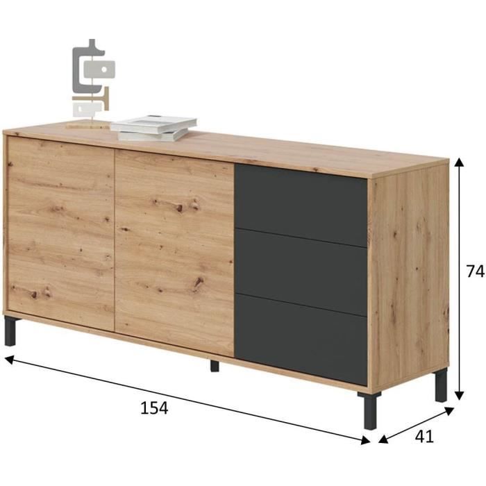 Buffet 2 portes 3 tiroirs - Panneaux de particules mélaminé - Chêne et noir - BROOKLYN L 154 cm x P 41 cm x H 74 cm