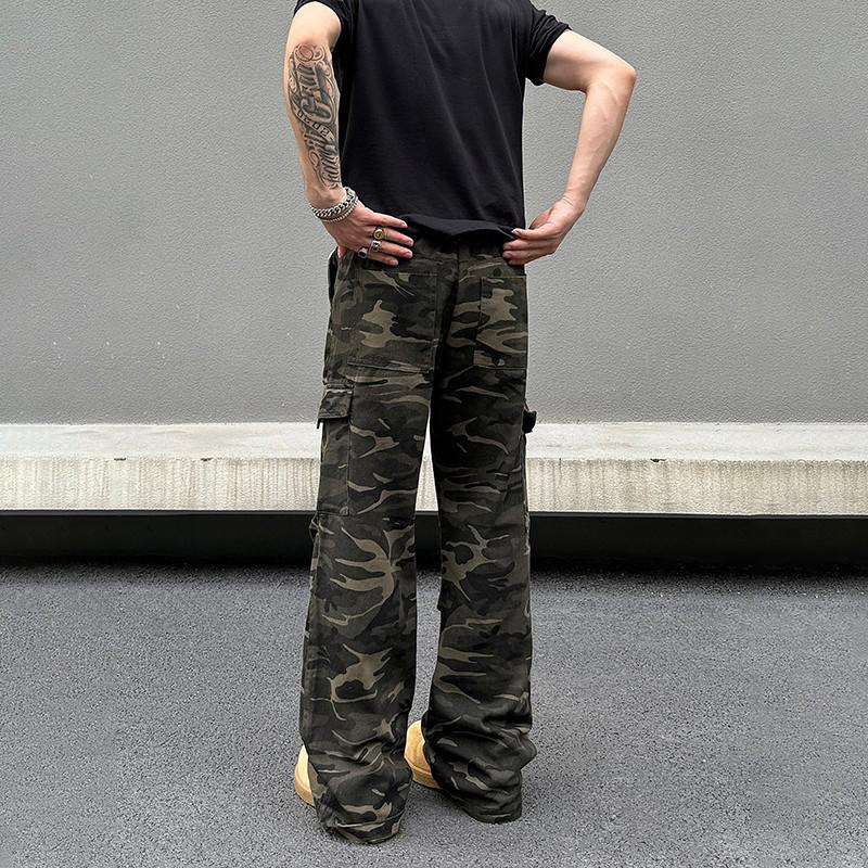 Unisex Retro Camouflage Multi-Pocket Flare Work Pants
