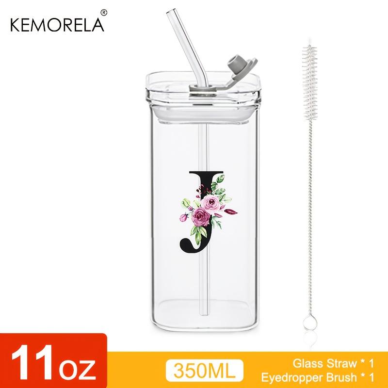 1 STÜCK 24 Buchstabenförmige Glastrinkbecher mit Deckel und Strohhalm Kaffeebecher 300ML Klarer quadratischer Trinkbecher für Kaffee Bier Milch