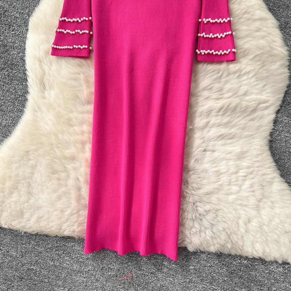 Autumn Spring Women Full Sleeve Luxury Beading Knitted Sweater Party Dress Long Midi Sheath Bodycon Pullover Dresses