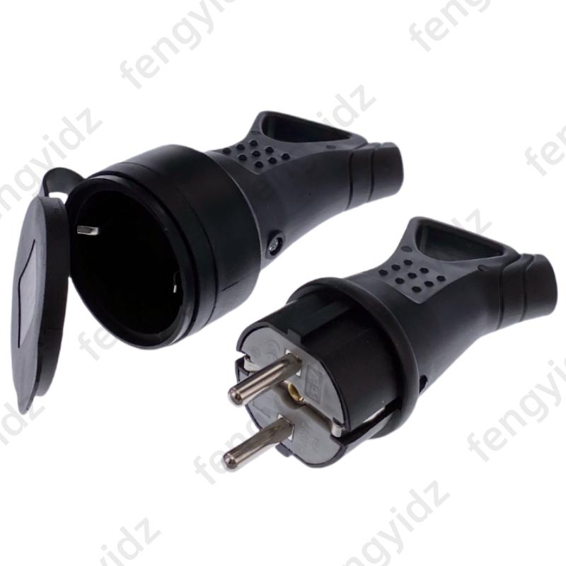 EU Rubber Waterproof Socket Plug 16A 250V IP54 Grounded European Connector With Cover For DIY Power Cable Cord