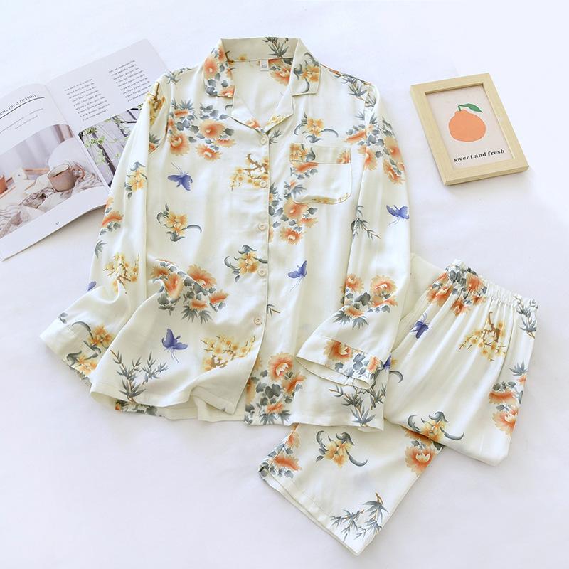 Fashion Flower Silky Pajamas Sets Women Summer Sleepwear LAong-sleeve High Quality Pyjamas