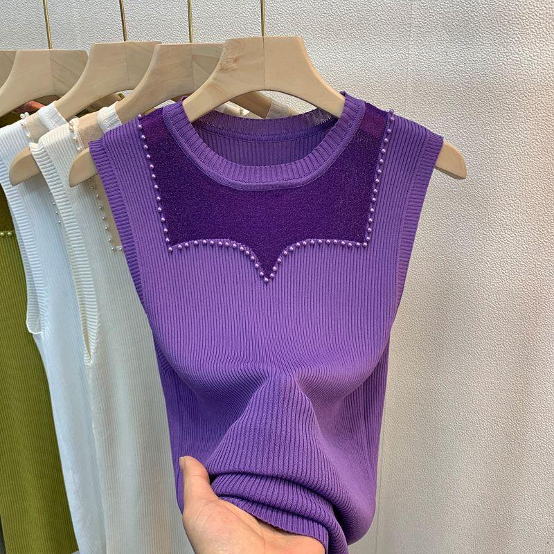 New Summer Ice Silk Suspender Vest for Women's Thin Gauze Mesh Bead Base Large Size Slim Sleeveless Knitted Sweater