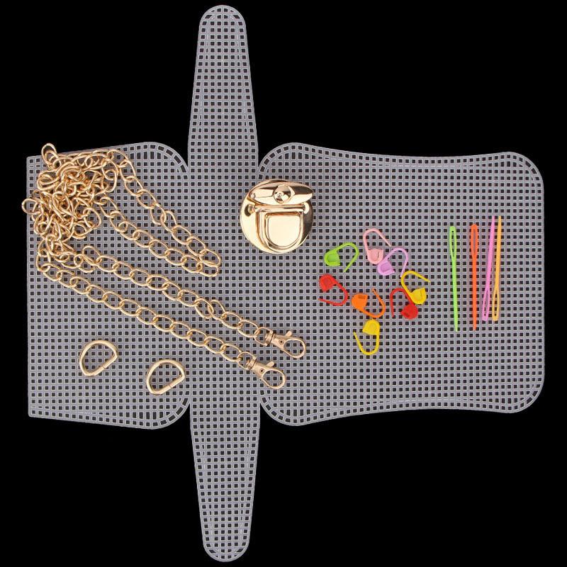 1Set Plastic Mesh Cloth DIY Bags Weaving Material Sheet Bag Grid Hook Metal Chain Buckle Knitting Crochet Handbag Accessories