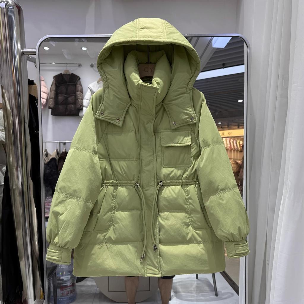 Autumn and winter new down jackets women's medium and long hooded waist drawstring thickened fashionable duck down warm jacket