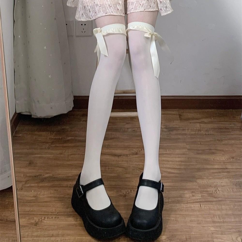 Milk White Lolita Velvet Knee Socks Long Tube Spring And Autumn Lace Ribbon Bow High Tube Socks Lolita