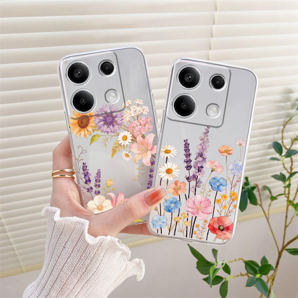 Ink Peony Wildflower Floral Clear Phone Case For Xiaomi Redmi Note 13 12 11 8 9 10 Pro 12s Shockproof Soft TPU Transparent Cover