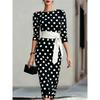 Robe Mi-longue Moulante à Pois pour Femme Manches 3/4 Col Bateau Robe Crayon avec Ceinture Blanche Élégante Robe de Soirée Bureau