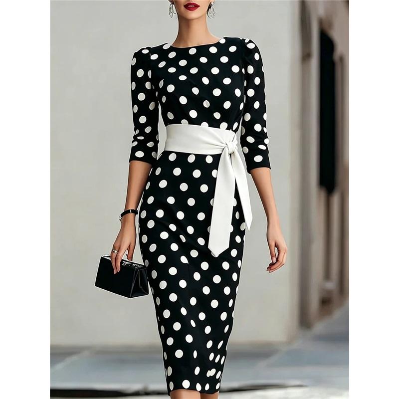 Robe Mi-longue Moulante à Pois pour Femme Manches 3/4 Col Bateau Robe Crayon avec Ceinture Blanche Élégante Robe de Soirée Bureau