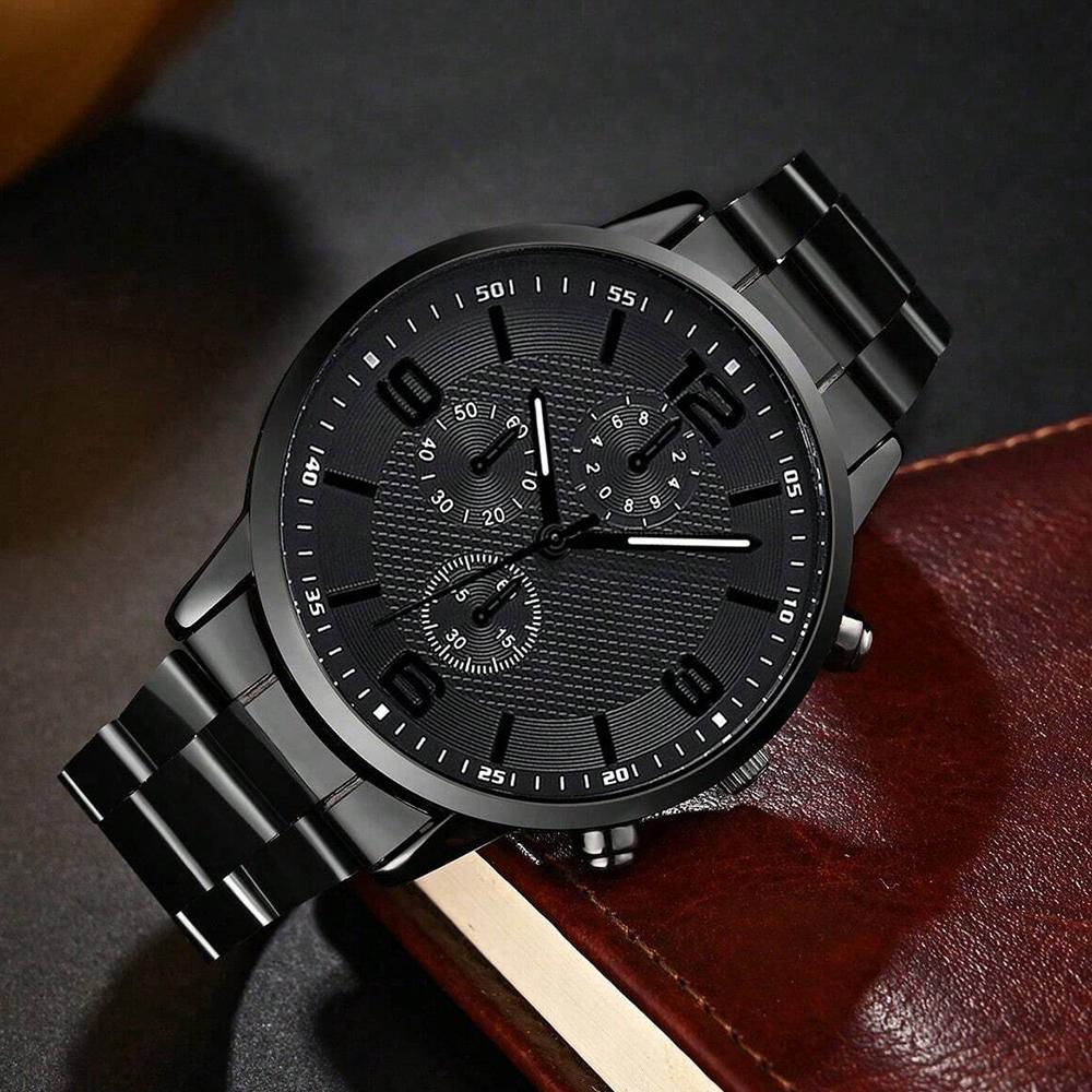 4PCS Business Men's Gift Box Watch Set Fashion Trend Quartz Watch Bracelet Necklace Ring Set Perfect Gift Set for Friends or Dad