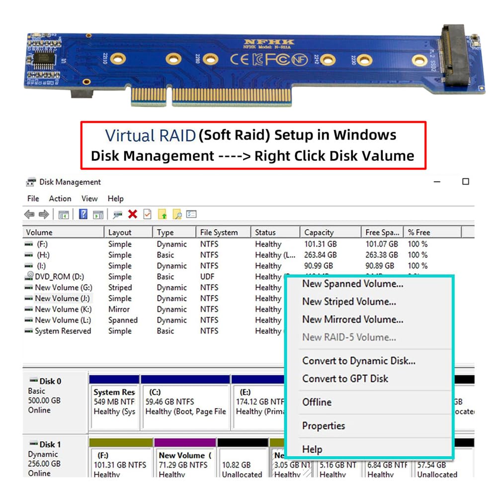 NFHK Low Profile Dual 2X NVMe M.2 SSD - PCIE Express Gen4 X8 X16 RAID Card VROC Raid0 Hyper Adapter.