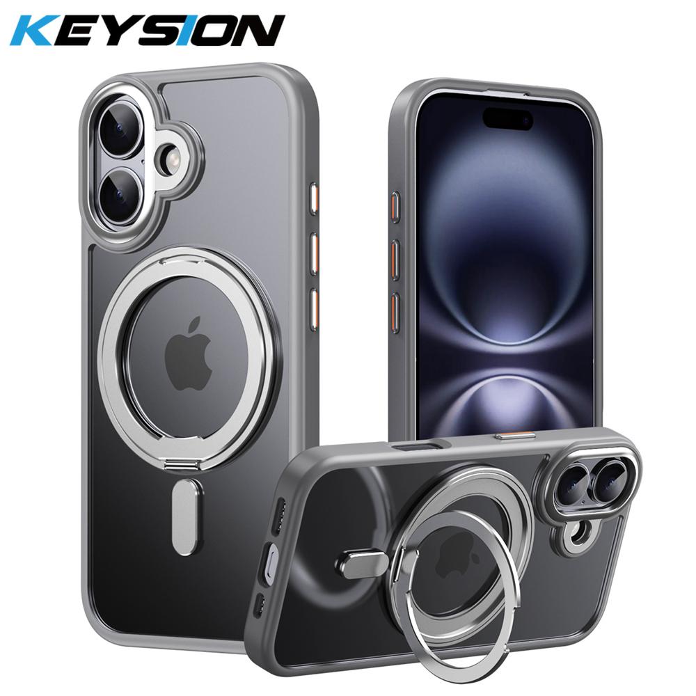 KEYSION Shockproof Transparent Matte Case for MagSafe for iPhone 17 17 Air 360° Magnetic Ring Stand Wireless Charging Phone Back Cover