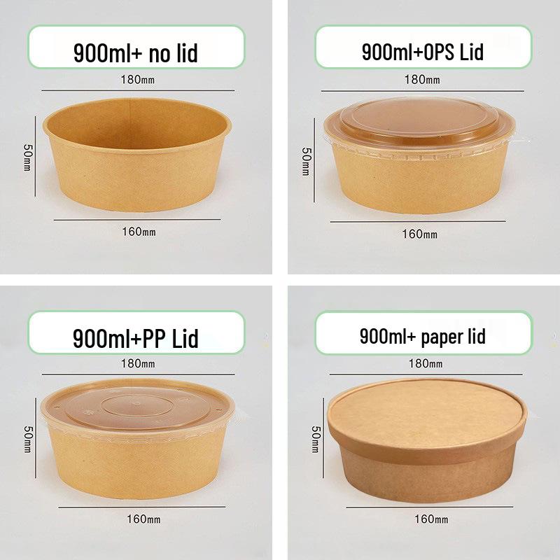 Disposable Kraft Paper Lunch Box Set - 50 Round Bowls with Lids, High-Temperature Resistant, Food-Grade Takeout Containers