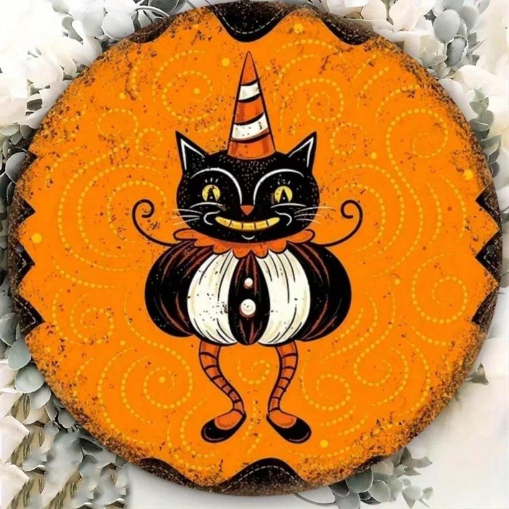 Vintage Black Cat Halloween Metal Wall Art Round Iron Sign Orange Black Home Decor