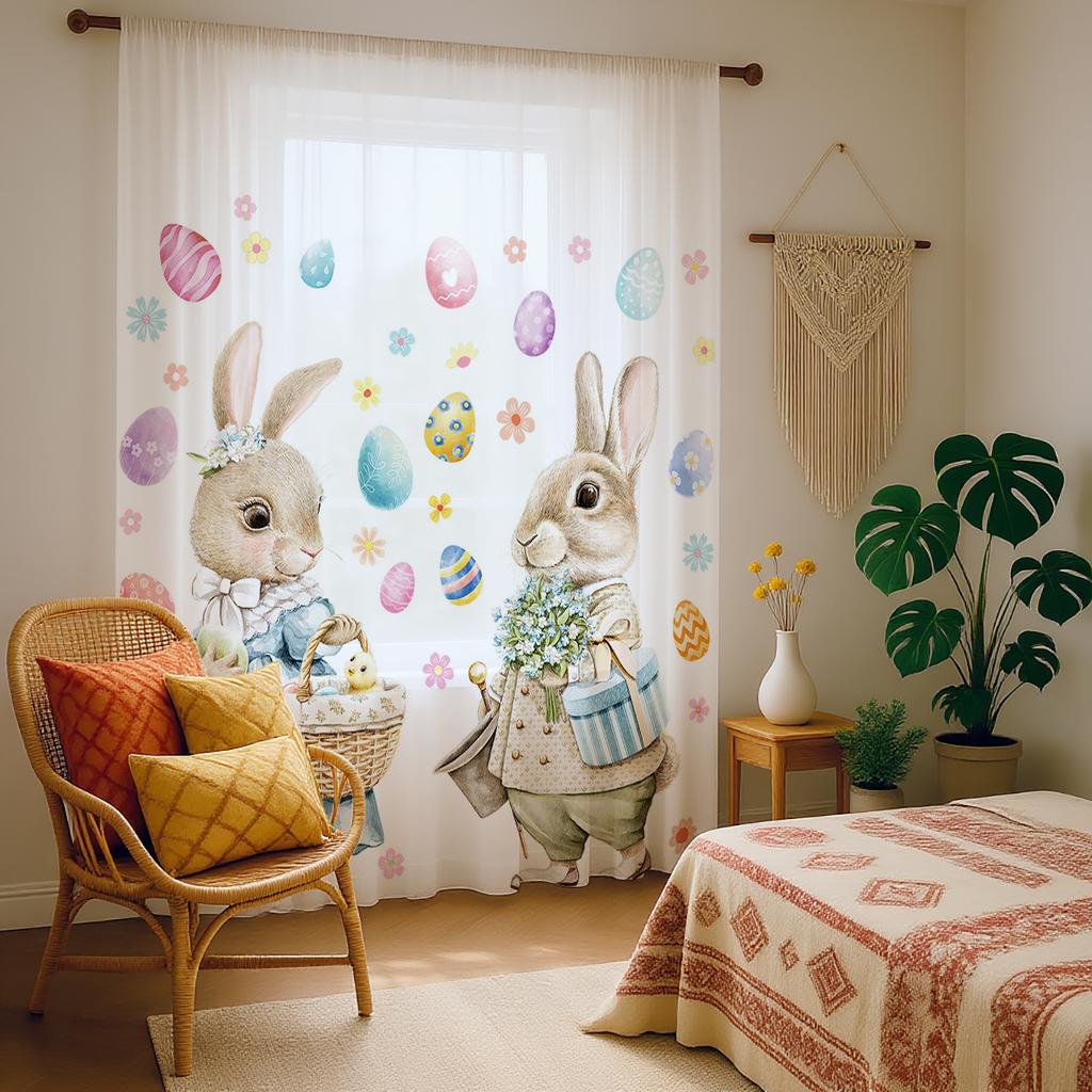 Single Panel Easter Bunny Curtain Rabbit Egg Pattern Pole Window Spring Kids Room Decor Sheer Polyester