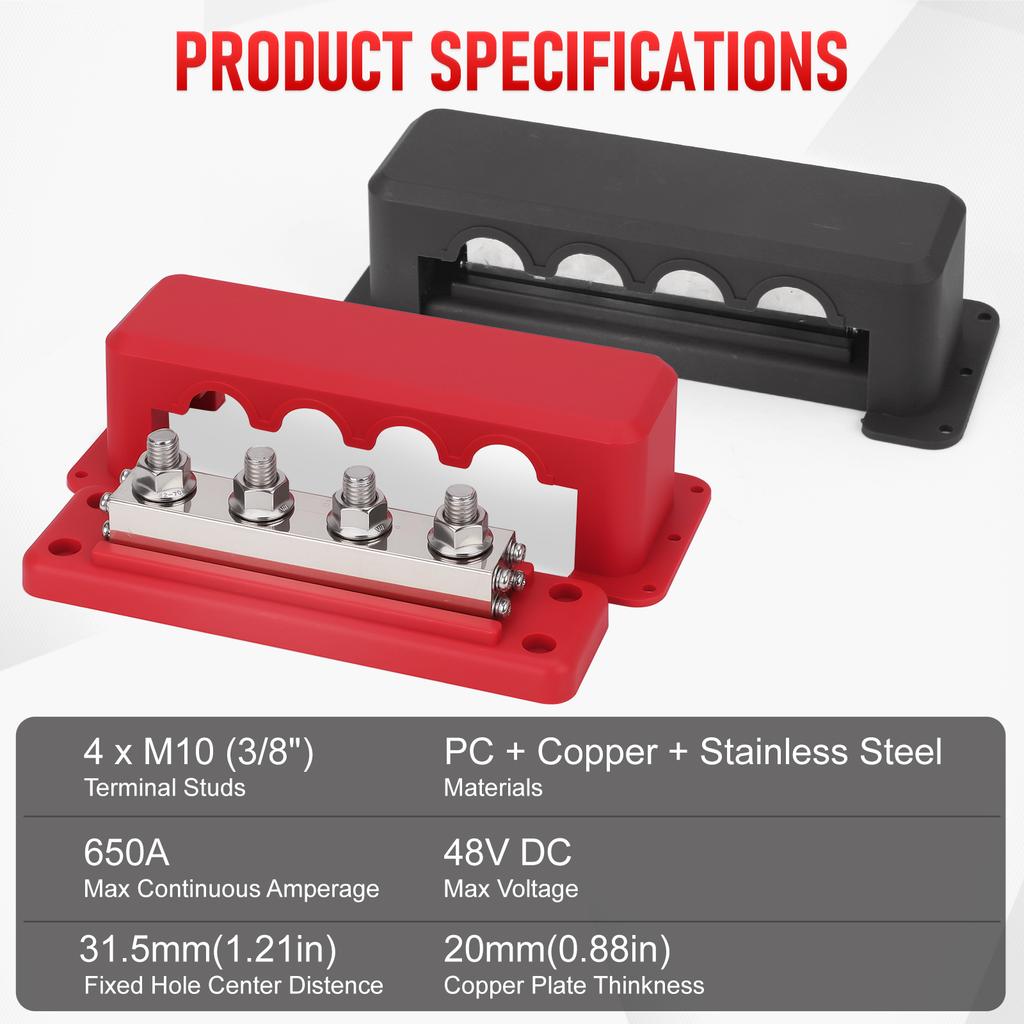 Car Distribution Block Bus Bar Terminal Block Stud Brass Contact Plates M10 3/8" 12-48V 600A DC For Boat Camper RV Accessories