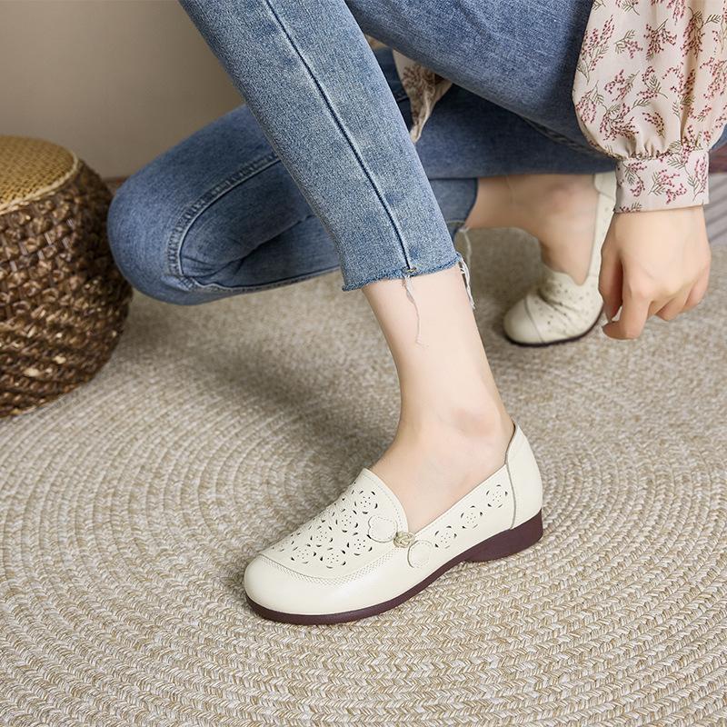 First layer cowhide 2025 women's summer round head flat bottom leather mother shoes women's soft sole hollow women's Korean version casual shoes