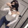 Women's Sexy Deep V Low Cut Bottoming Shirt Perspective Mesh Hollow Long Sleeve Off Shoulder Top