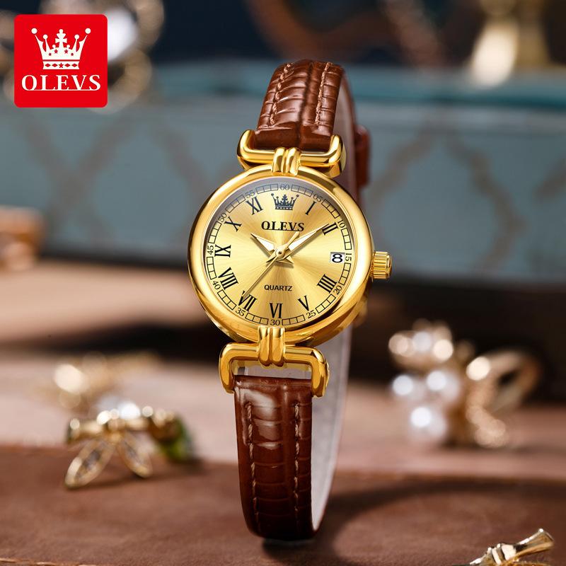 OLEVS Luxury Original Woman Round Watch Brown Small Leather Strap 3ATM Waterproof Date Elegant Quartz Ladies Wristwatch
