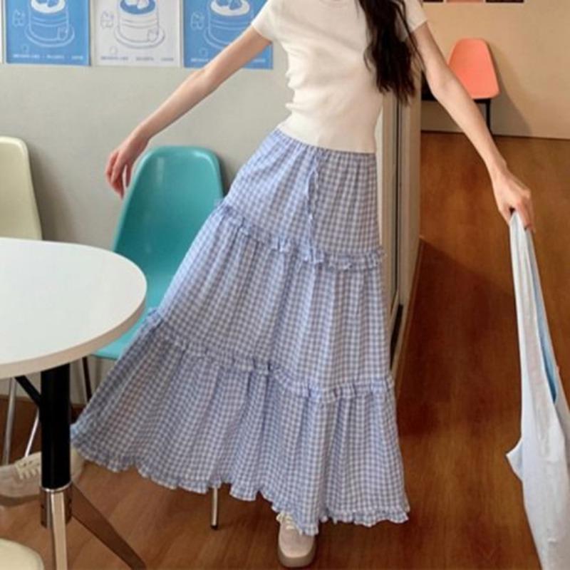 

Летняя женская миди-юбка большого размера с французским сладким кружевным краем в клетку - Многоярусная длинная юбка с высокой талией и элегантным клешем 2XL