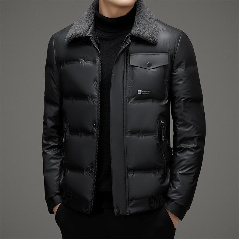 Men's down jacket white duck down winter new style removable fur collar thickened warm PU leather down jacket casual jacket