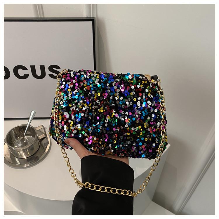 Black And White Sparkly Underarm Bag Women 2024 New Spring Nightclub Chain Small Square Bag Street Fashion