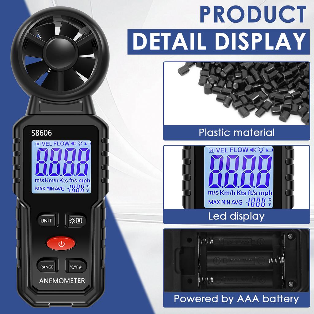 Anemometer Wind Speed Gauge Speedometer Wind Level Tester Air Flow Meter Temperature Measuring Outdoor for Sailing Surfing Flyin