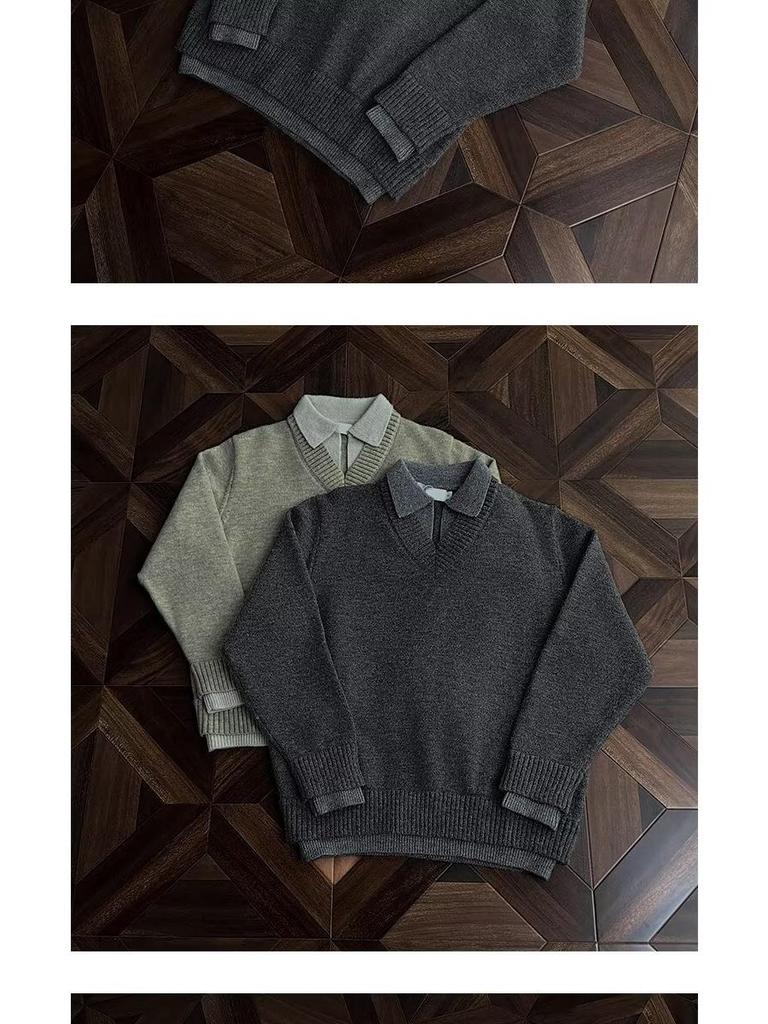 Herren V-Ausschnitt Retro-Stil Strickoberteil - Fake Zweiteiler, Winter Kragen, Lockerer Schnitt